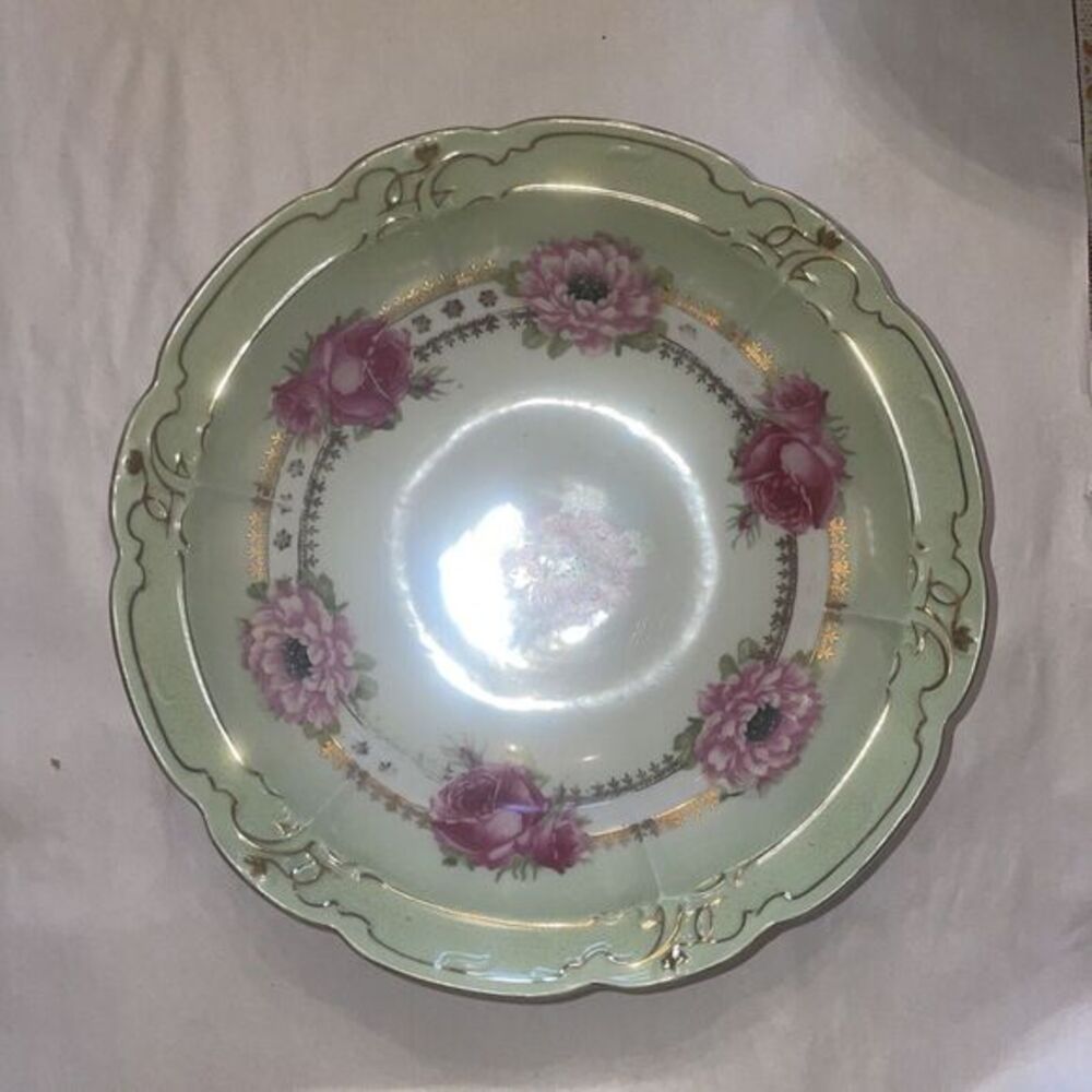 Beautiful Large Antique Hand Painted Pink Floral Bowl Stamped China Lightweight